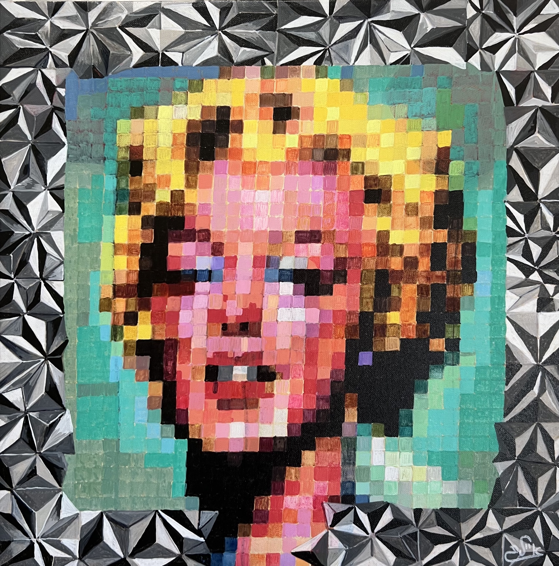 Acrylic mosaic-style portrait of a blonde woman framed by geometric black-and-white triangles