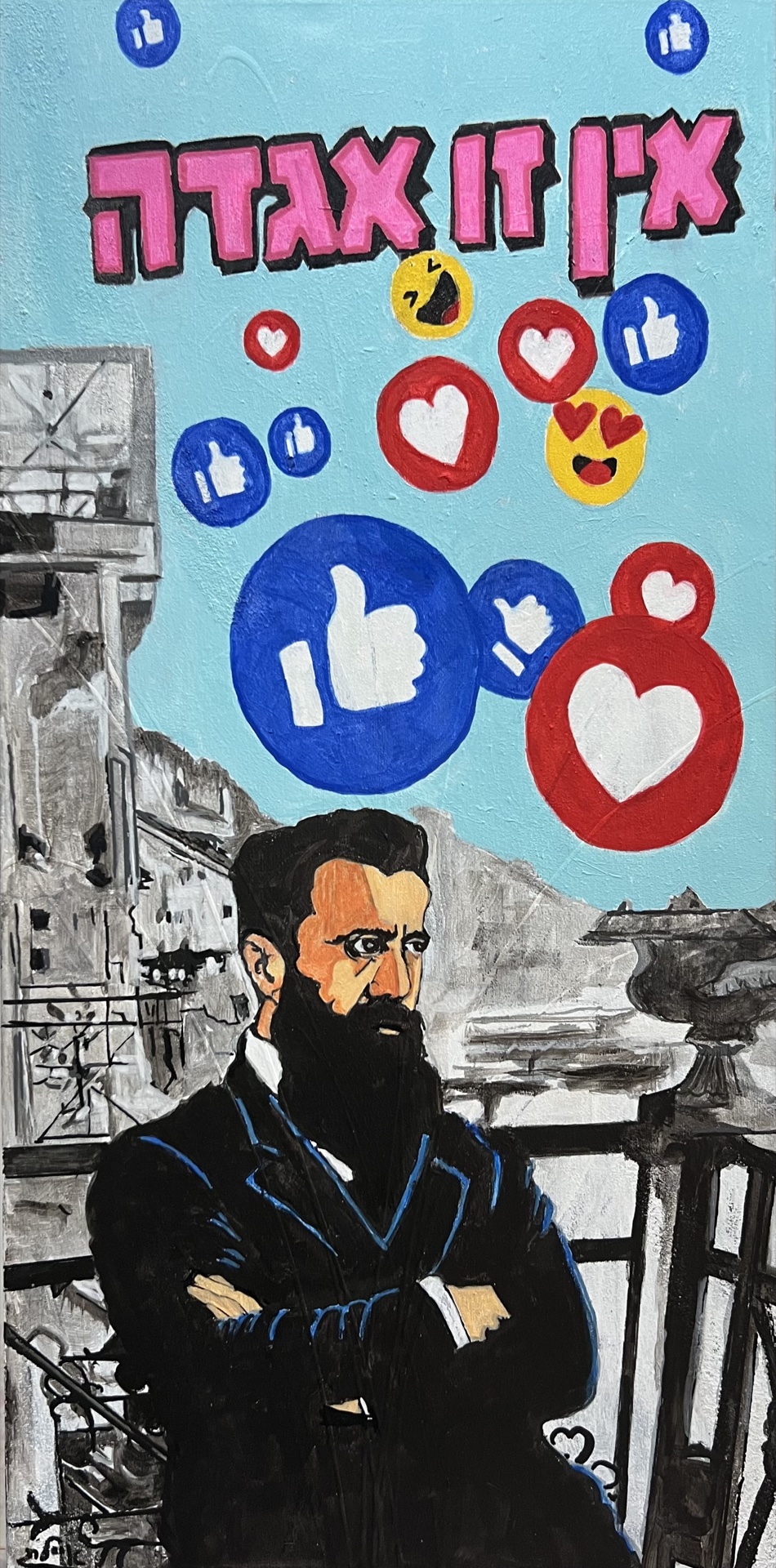 Acrylic painting of Theodor Herzl beneath floating social media like and heart icons